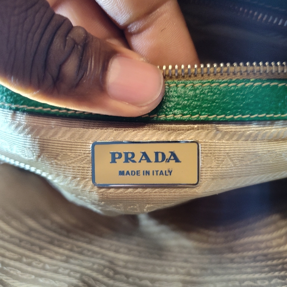 Prada Cinghiale Leather Trimmed Canapa Grezza Shoulder Bag Green Beige - Picture 11 of 13